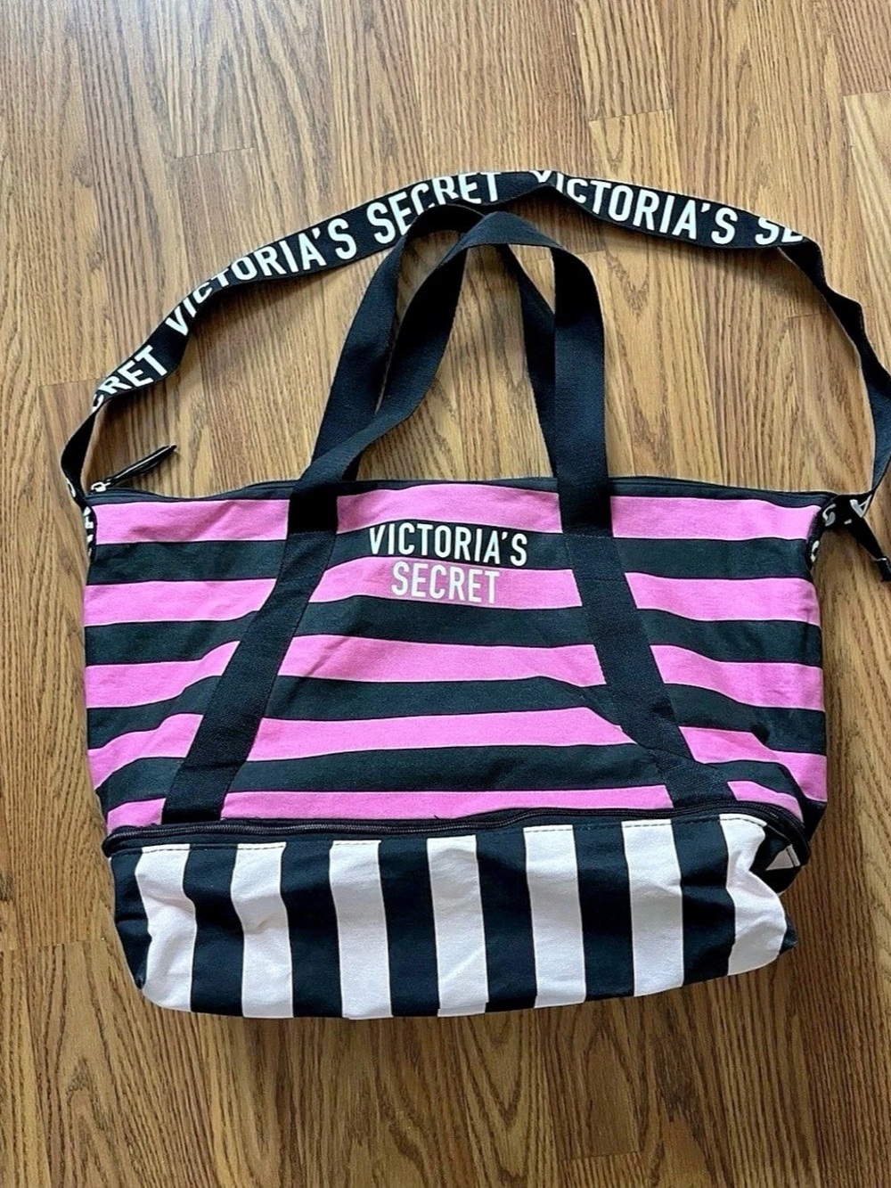 Victoria’s Secret Iconic Canvas Pink and Black Striped Weekender Bag